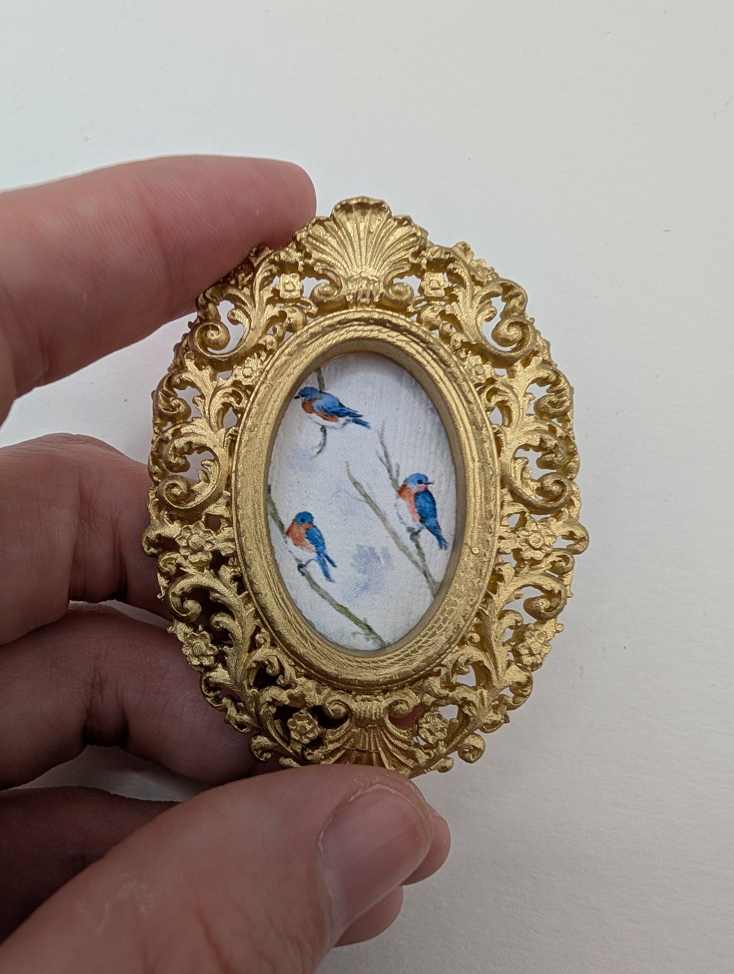 Tiny Bluebirds in Tree Watercolor Art Print - Dollhouse Size - With Gold Frame