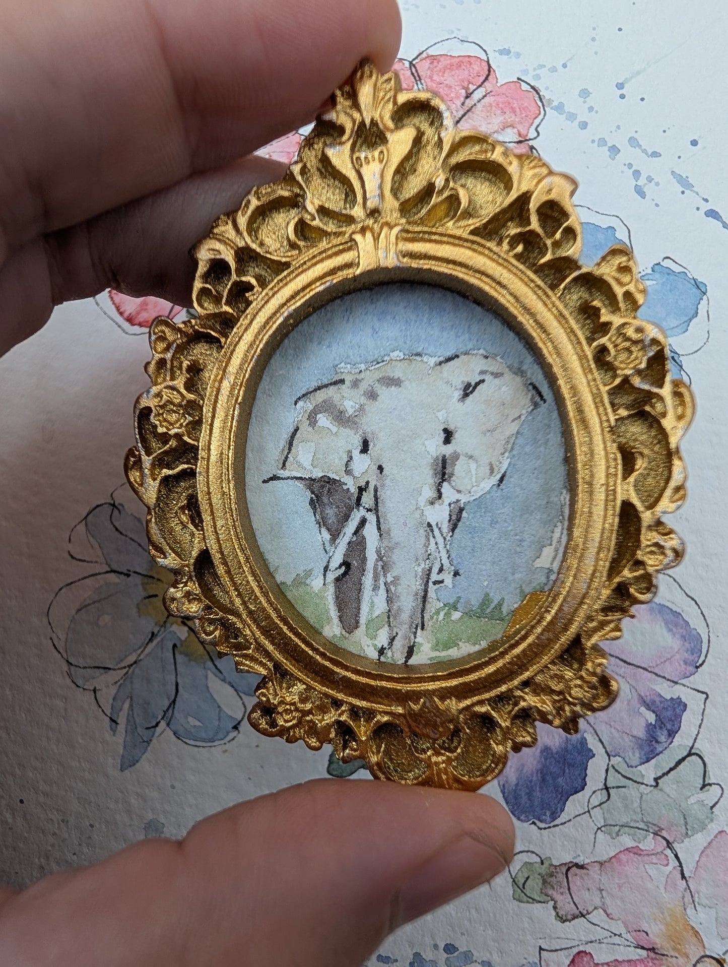 Mini Elephant Painting - Original Watercolor Art by Lora Cavallin
