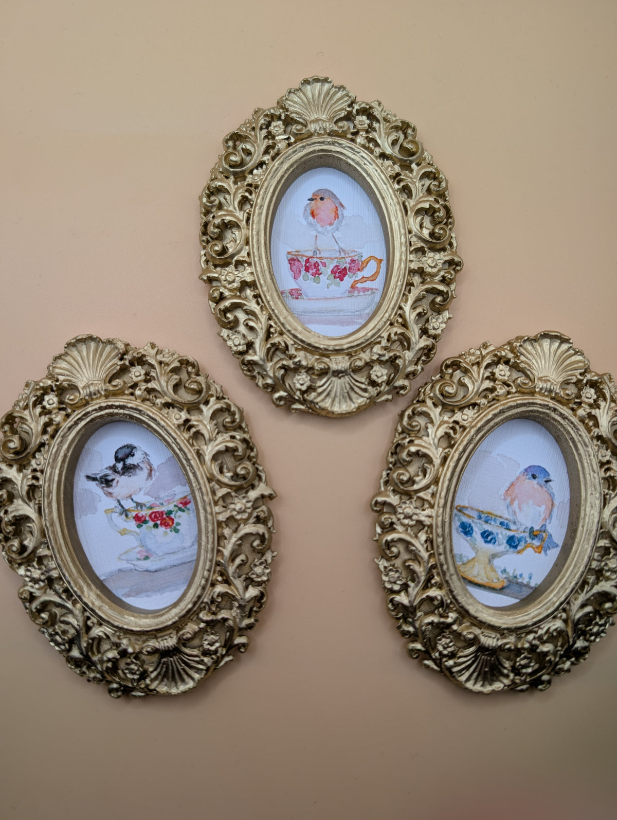 Small Birds on Teacups Art Print Set of Three - With Gold Frames - Watercolor Design