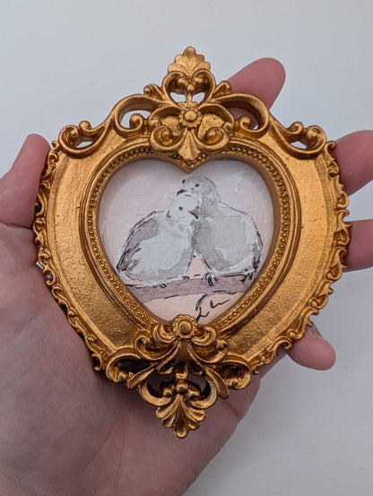 Mini Doves in Love Painting - Original Watercolor Art by Lora Cavallin