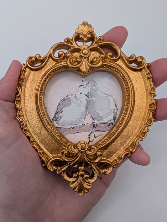 Mini Doves in Love Painting - Original Watercolor Art by Lora Cavallin