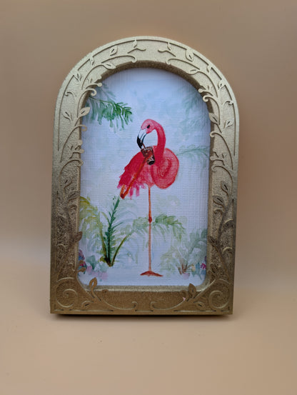 Sassy Flamingo with Iced Drink Print - Arched Framed Print