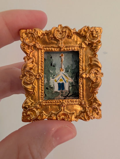 Mini Church at Night Painting - Original Watercolor Art by Lora Cavallin