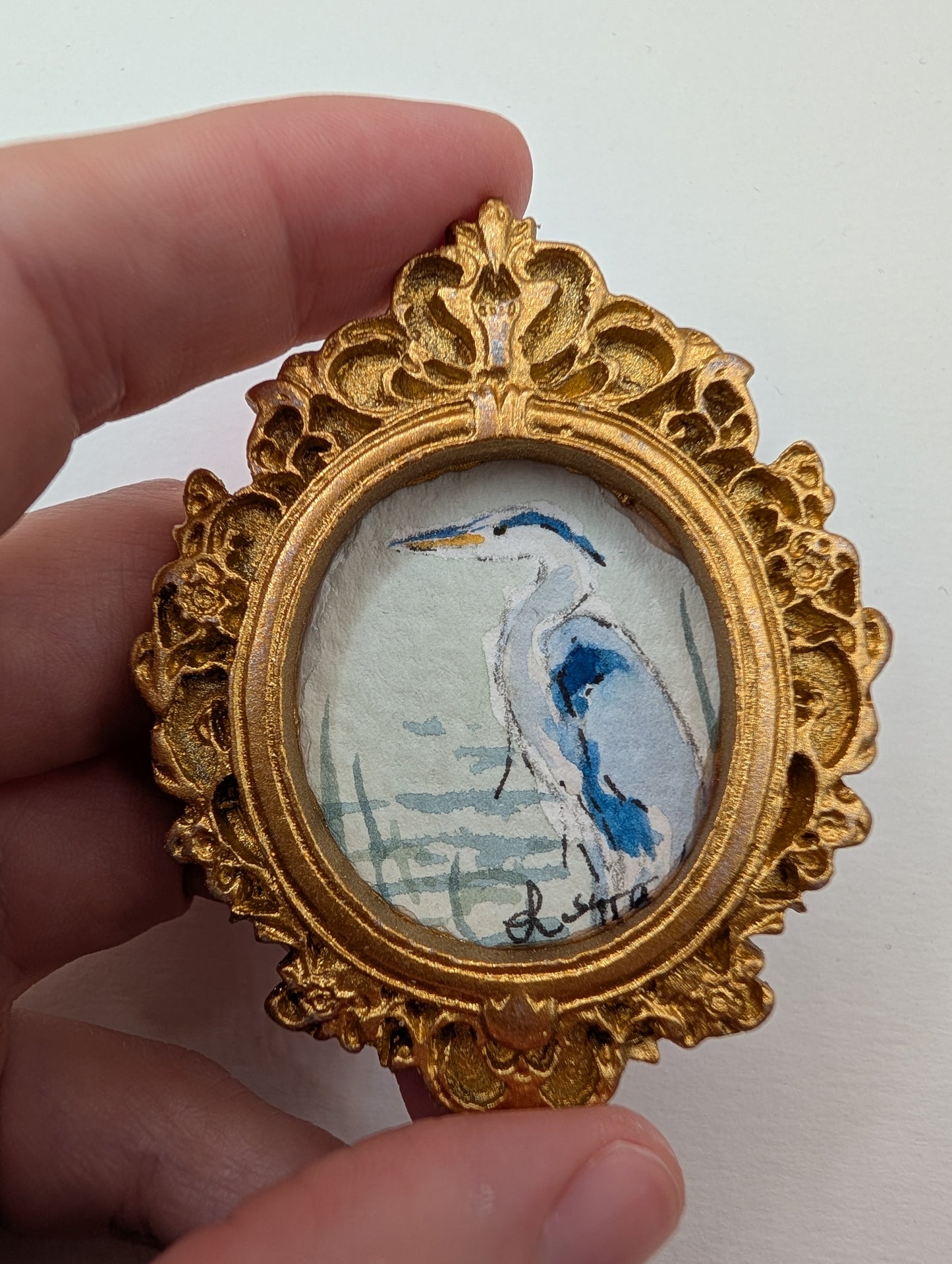 Mini Blue Heron Painting - Original Watercolor Art by Lora Cavallin