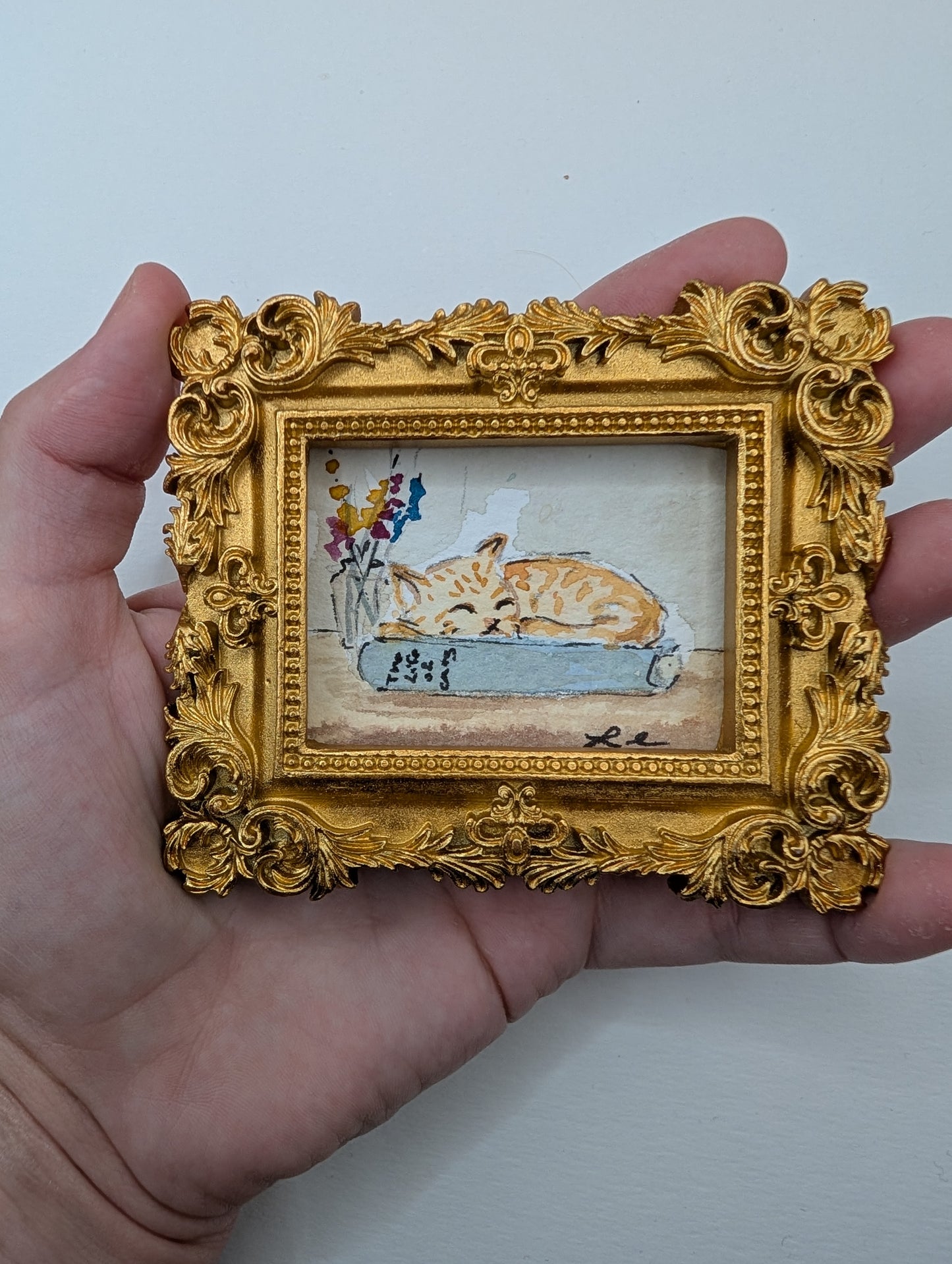 Mini Sleeping Cat Painting - Original Watercolor Art by Lora Cavallin