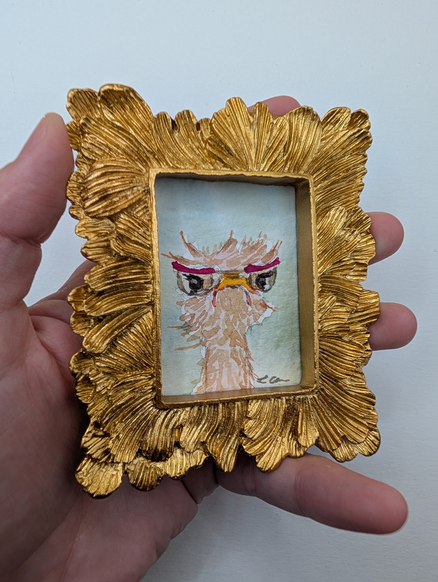Mini Grumpy Ostrich with Glasses Painting - Original Watercolor Art by Lora Cavallin