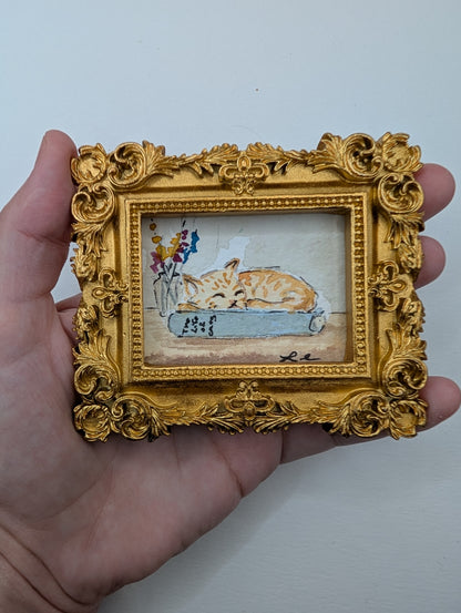 Mini Sleeping Cat Painting - Original Watercolor Art by Lora Cavallin