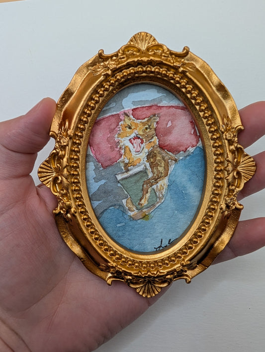 Mini Cranky Cat with Coffee Painting - Original Watercolor Art by Lora Cavallin