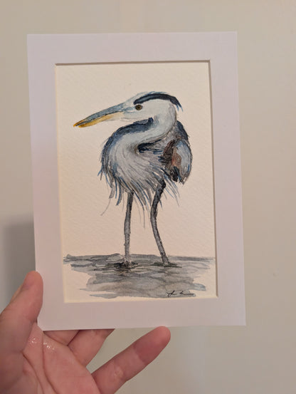Great Blue Heron Watercolor Painting - 4 x 6" - No Frame, Comes with Mat - Original Art by Lora Cavallin