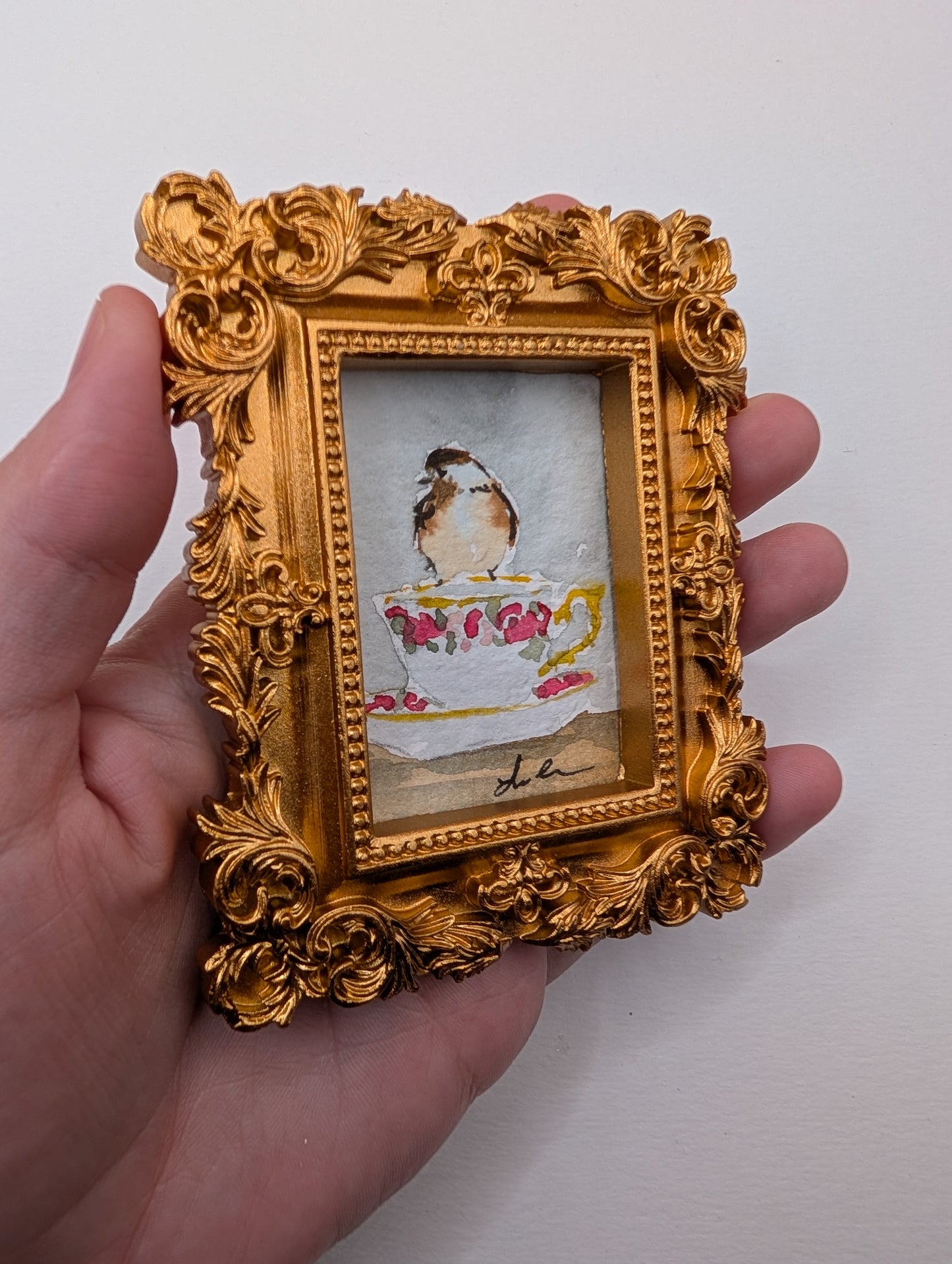 Mini Chickadee Bird on Teacup Painting - Original Watercolor Art by Lora Cavallin