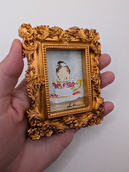 Mini Chickadee Bird on Teacup Painting - Original Watercolor Art by Lora Cavallin