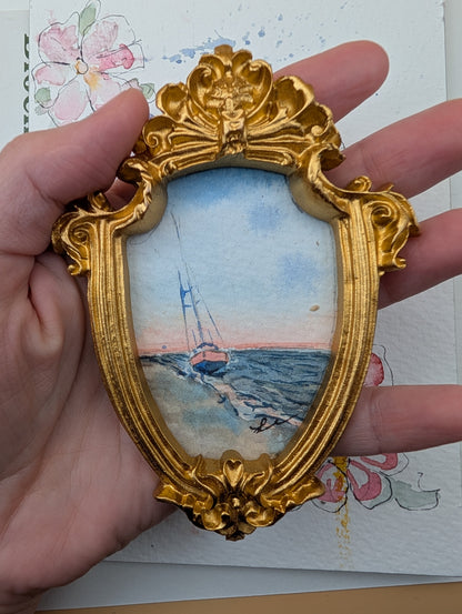 Mini Sailboat on Beach Painting - Original Watercolor Art by Lora Cavallin