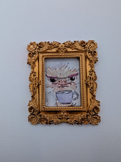 Mini Ostrich with Glasses and Mug Painting - Original Watercolor Art by Lora Cavallin