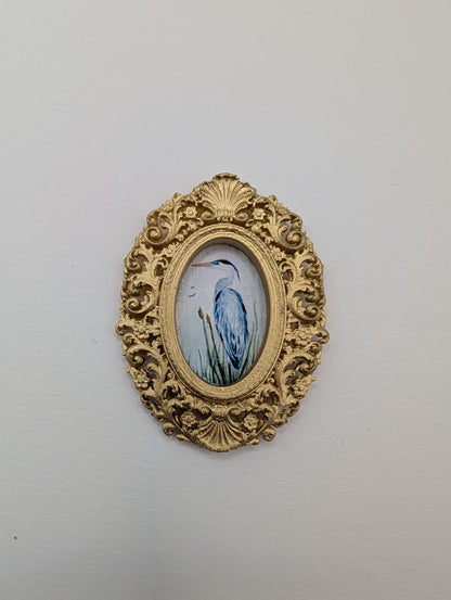 Tiny Blue Heron Watercolor Art Print - Dollhouse Size - With Gold Frame