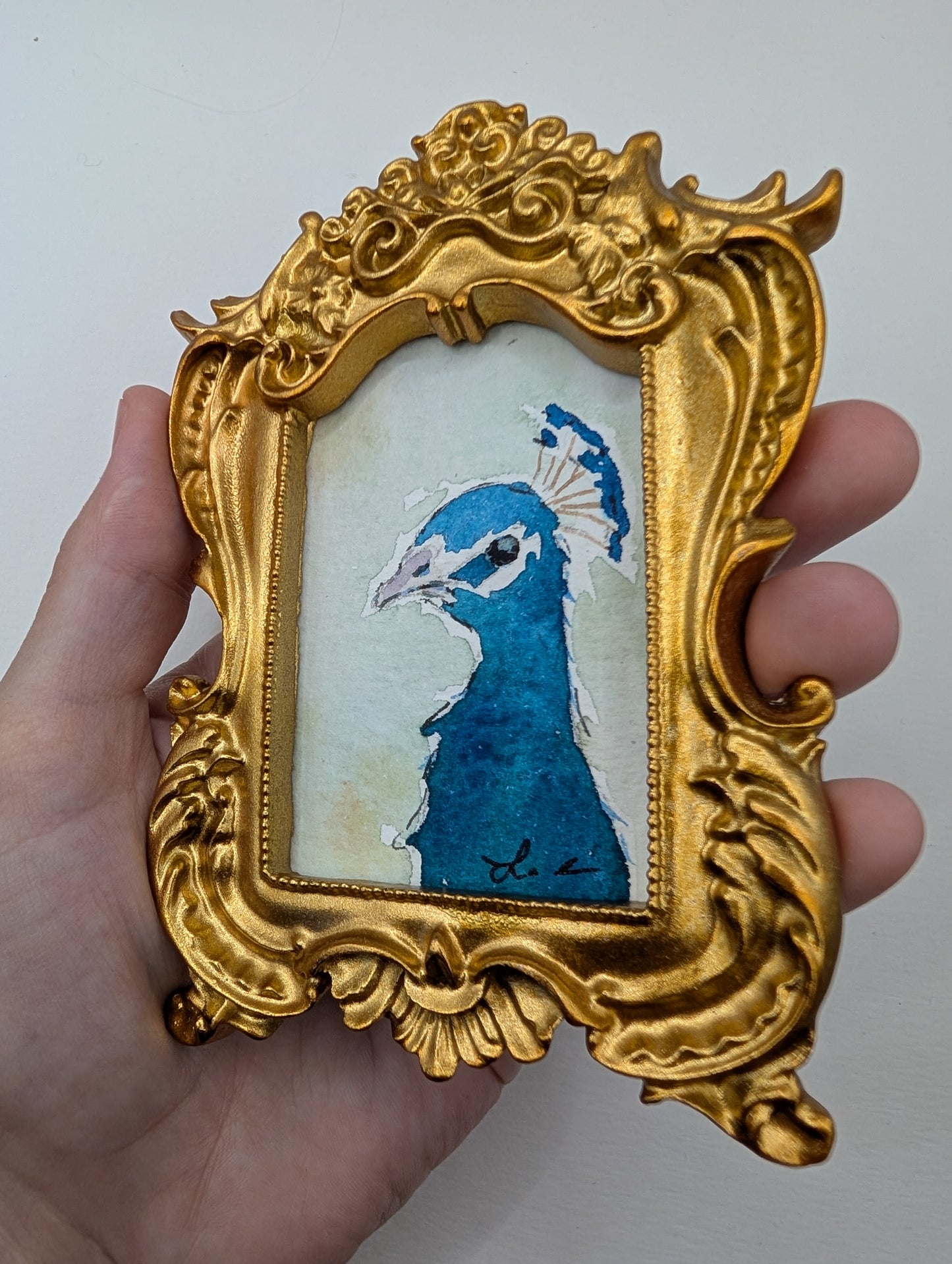 Mini Peacock Painting - Original Watercolor Art by Lora Cavallin