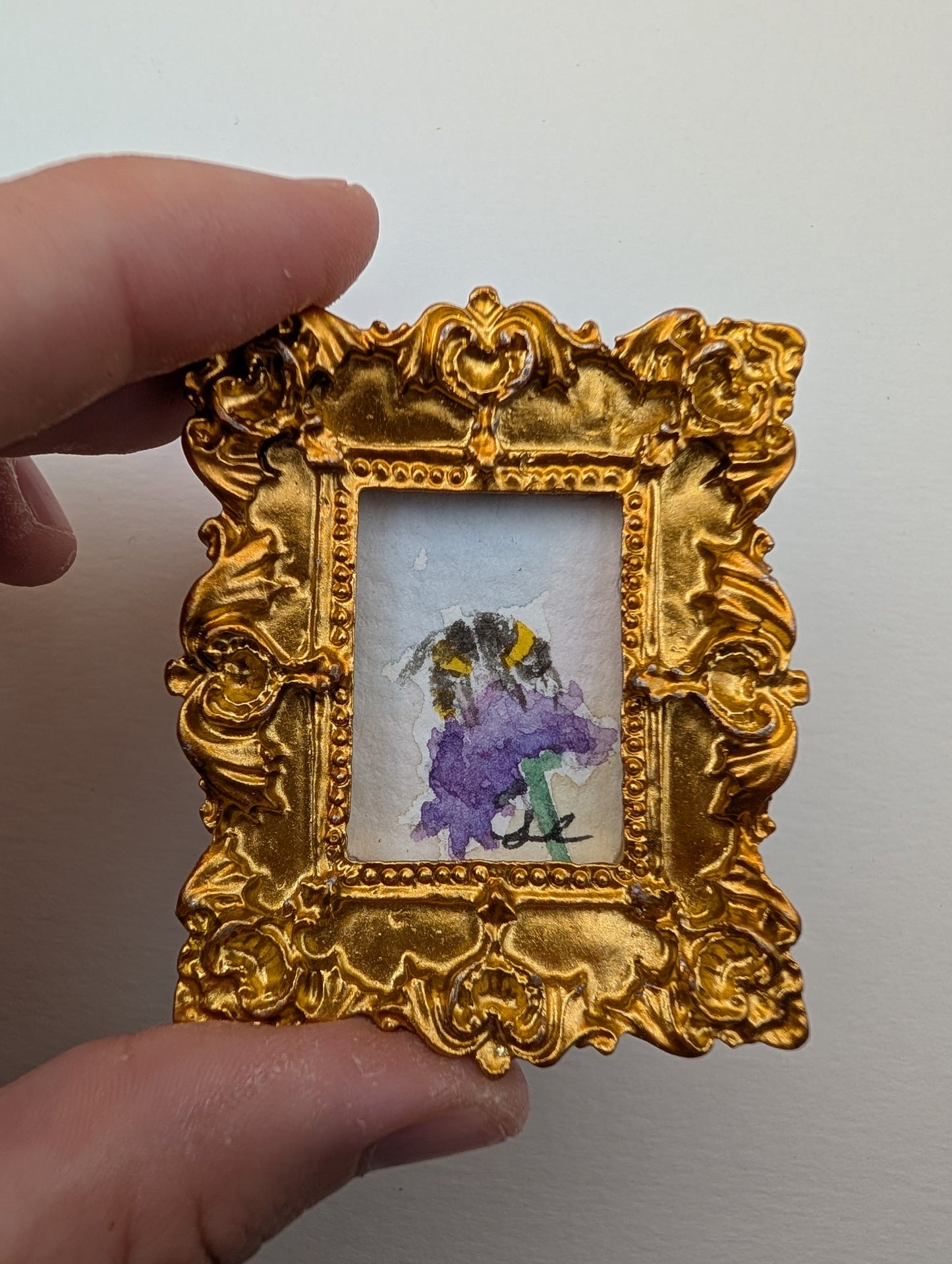 Mini Bee on Flower Painting - Original Watercolor Art by Lora Cavallin