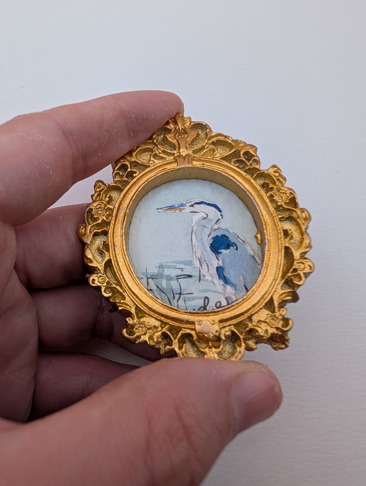 Mini Blue Heron Painting - Original Watercolor Art by Lora Cavallin