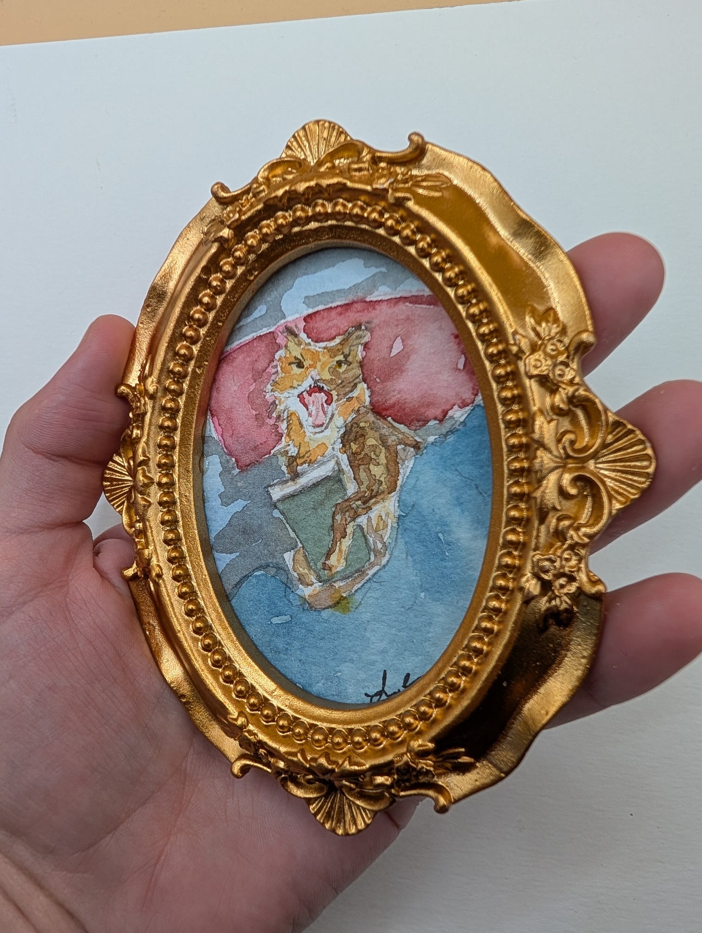 Mini Cranky Cat with Coffee Painting - Original Watercolor Art by Lora Cavallin