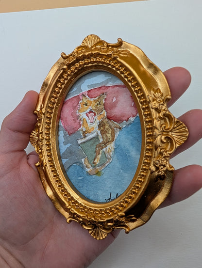 Mini Cranky Cat with Coffee Painting - Original Watercolor Art by Lora Cavallin