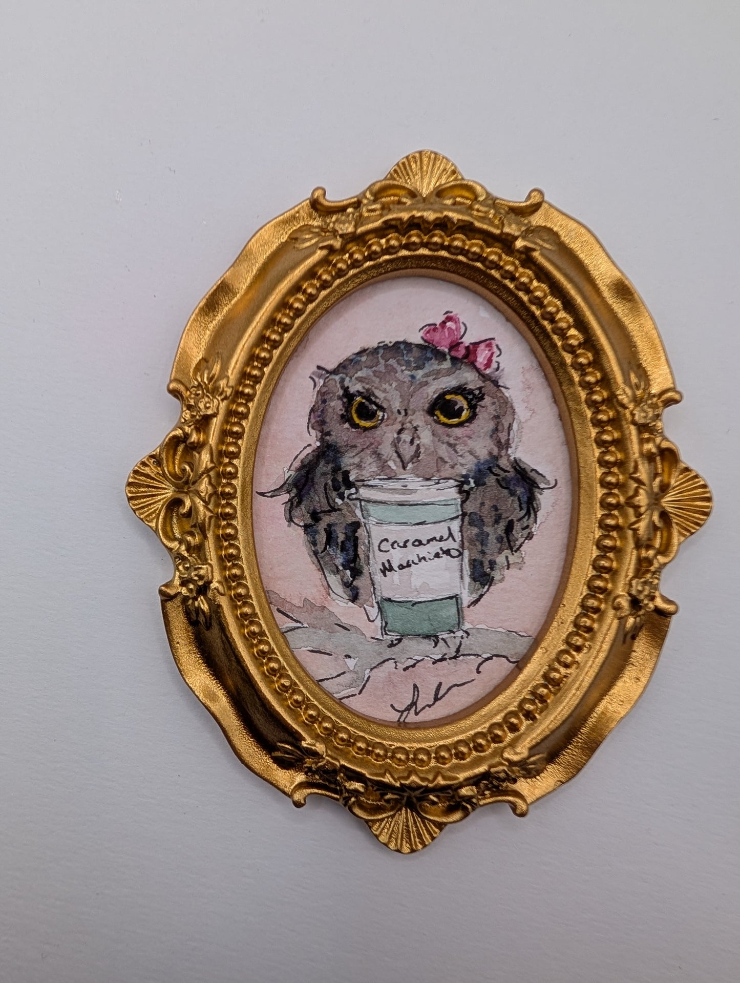 Mini Owl with Caramel Macchiato Painting - Original Watercolor Art by Lora Cavallin