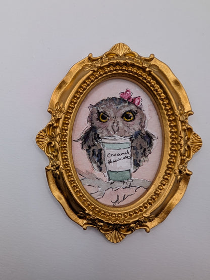 Mini Owl with Caramel Macchiato Painting - Original Watercolor Art by Lora Cavallin