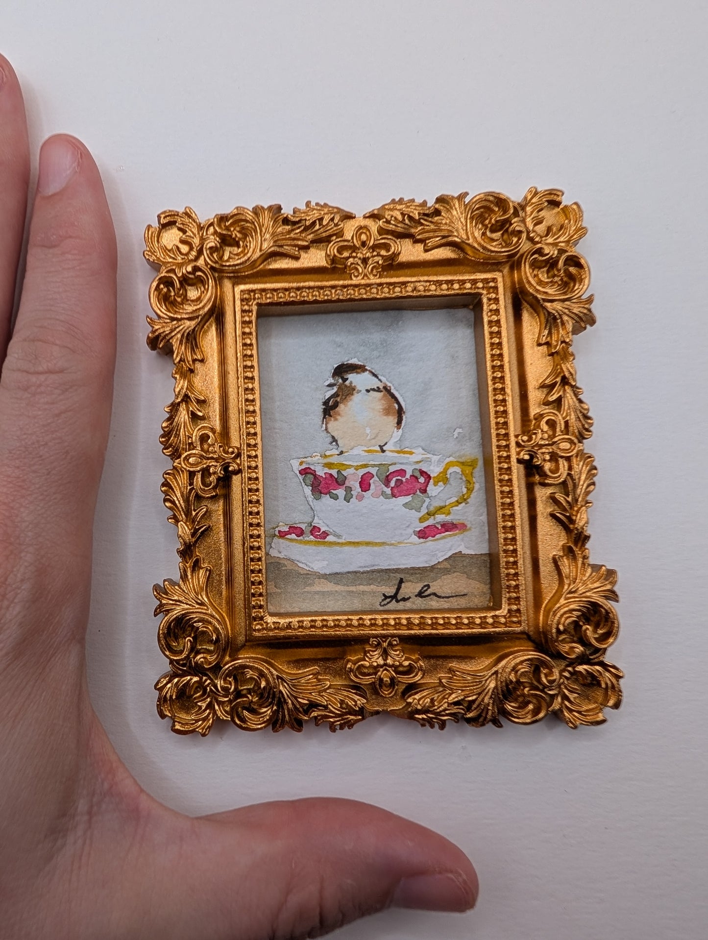 Mini Chickadee Bird on Teacup Painting - Original Watercolor Art by Lora Cavallin