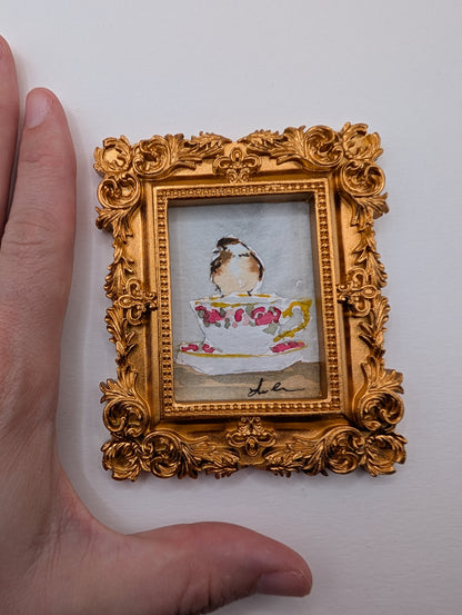 Mini Chickadee Bird on Teacup Painting - Original Watercolor Art by Lora Cavallin