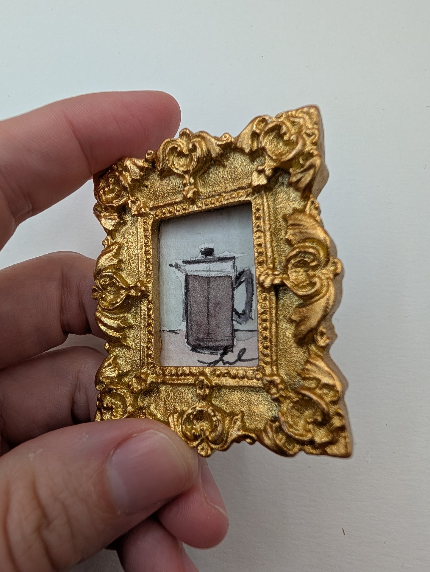 Mini French Press Coffee Pot Painting - Original Watercolor Art by Lora Cavallin
