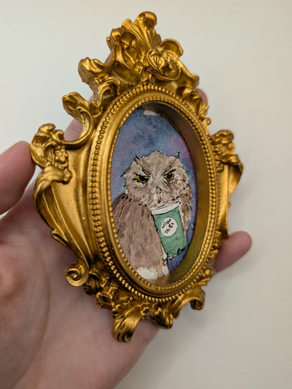 Mini Owl with "Night Shift" Coffee Painting - Original Watercolor Art by Lora Cavallin