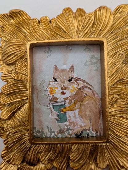 Mini Chipmunk with Coffee Painting - Original Watercolor Art by Lora Cavallin