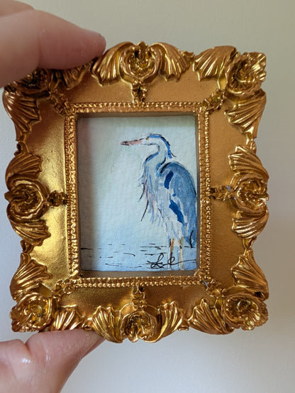 Mini Blue Heron Painting - Original Watercolor Art by Lora Cavallin