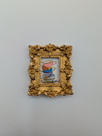 Mini Stack of Teacups Painting - Original Watercolor Art by Lora Cavallin