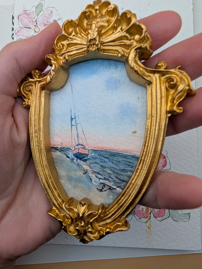 Mini Sailboat on Beach Painting - Original Watercolor Art by Lora Cavallin