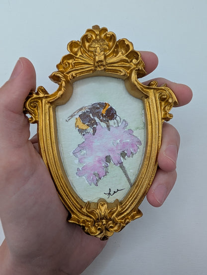 Mini Bee on Flower Painting - Original Watercolor Art by Lora Cavallin