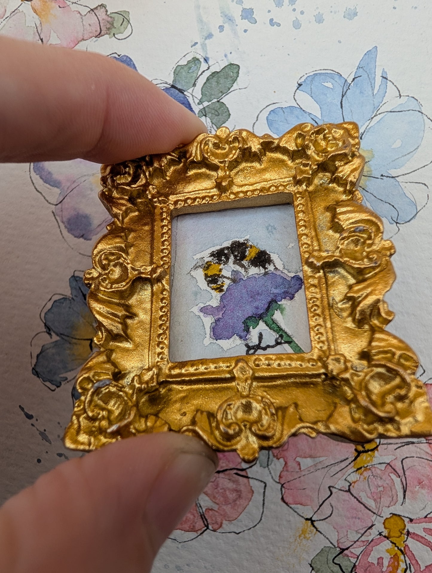 Mini Bee on Flower Painting - Original Watercolor Art by Lora Cavallin