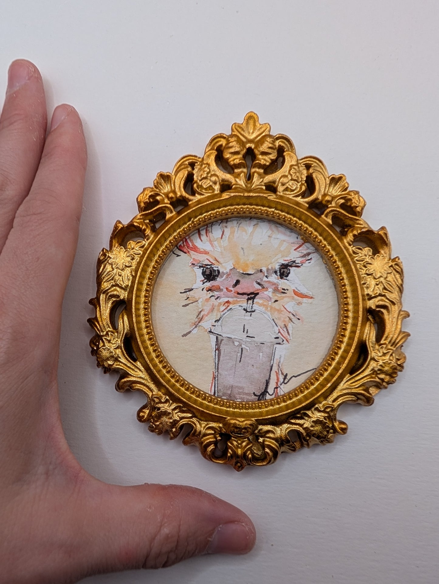 Mini Ostrich with Frozen Drink Painting - Original Watercolor Art by Lora Cavallin