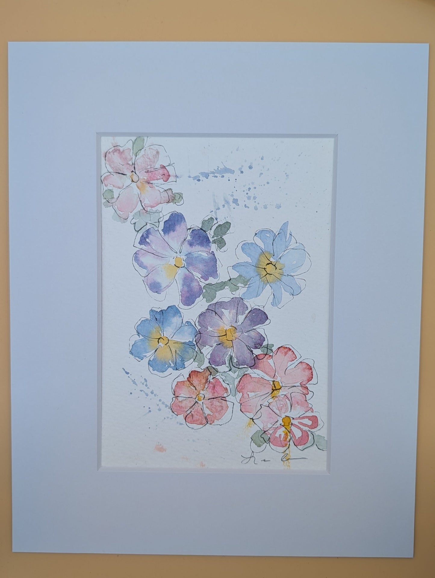 Loose Floral Watercolor Painting - 5 x 7, 8 x 10" Mat - No Frame - Original Art by Lora Cavallin