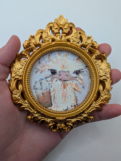 Mini Ostrich with Frozen Coffee Painting - Original Watercolor Art by Lora Cavallin