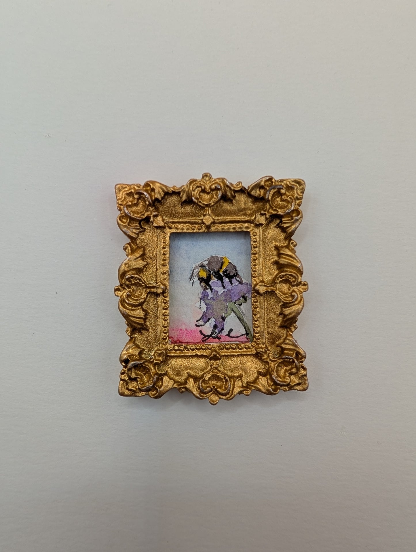 Mini Bee on Flower Painting - Original Watercolor Art by Lora Cavallin