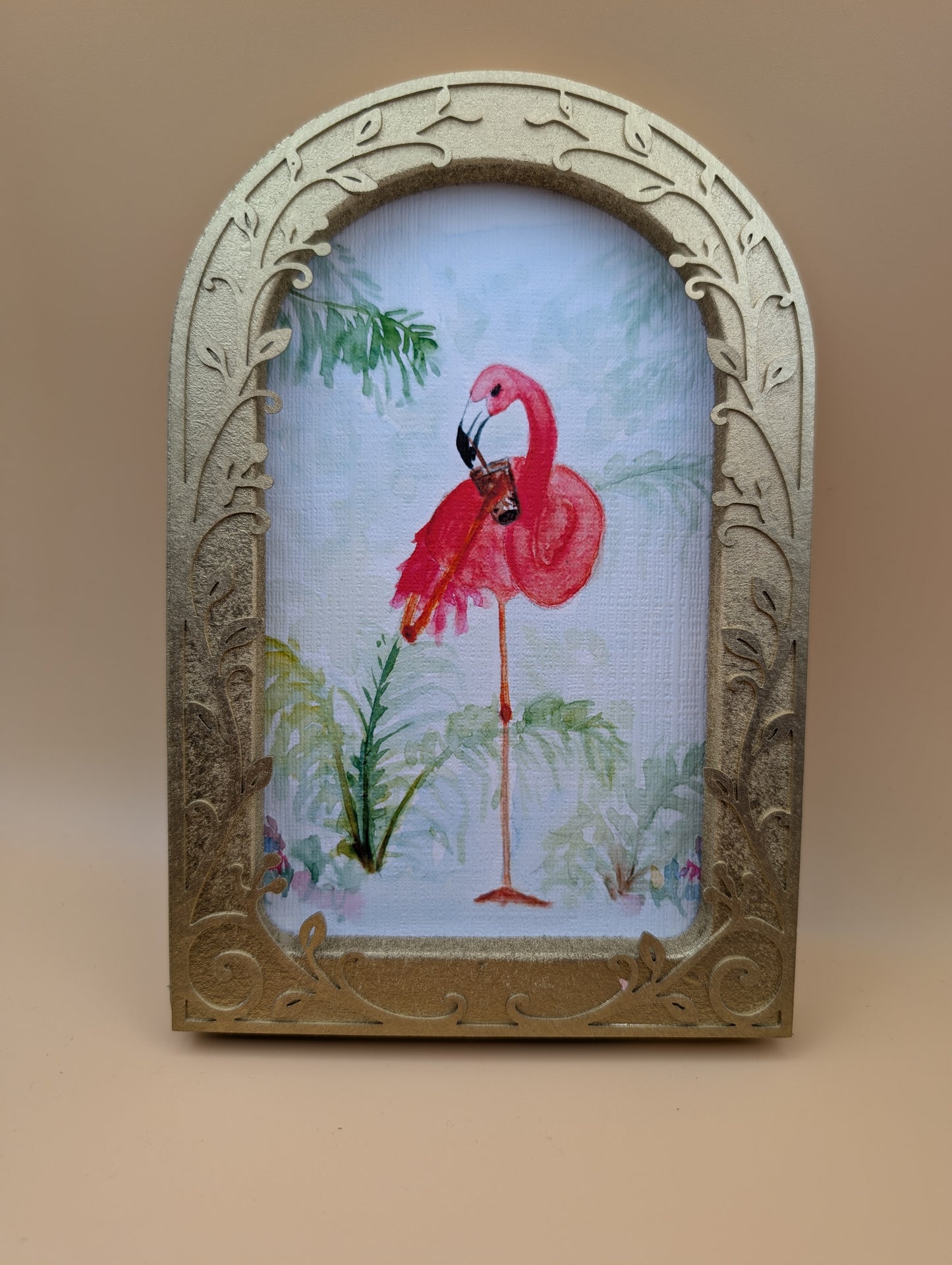 Sassy Flamingo with Iced Drink Print - Arched Framed Print