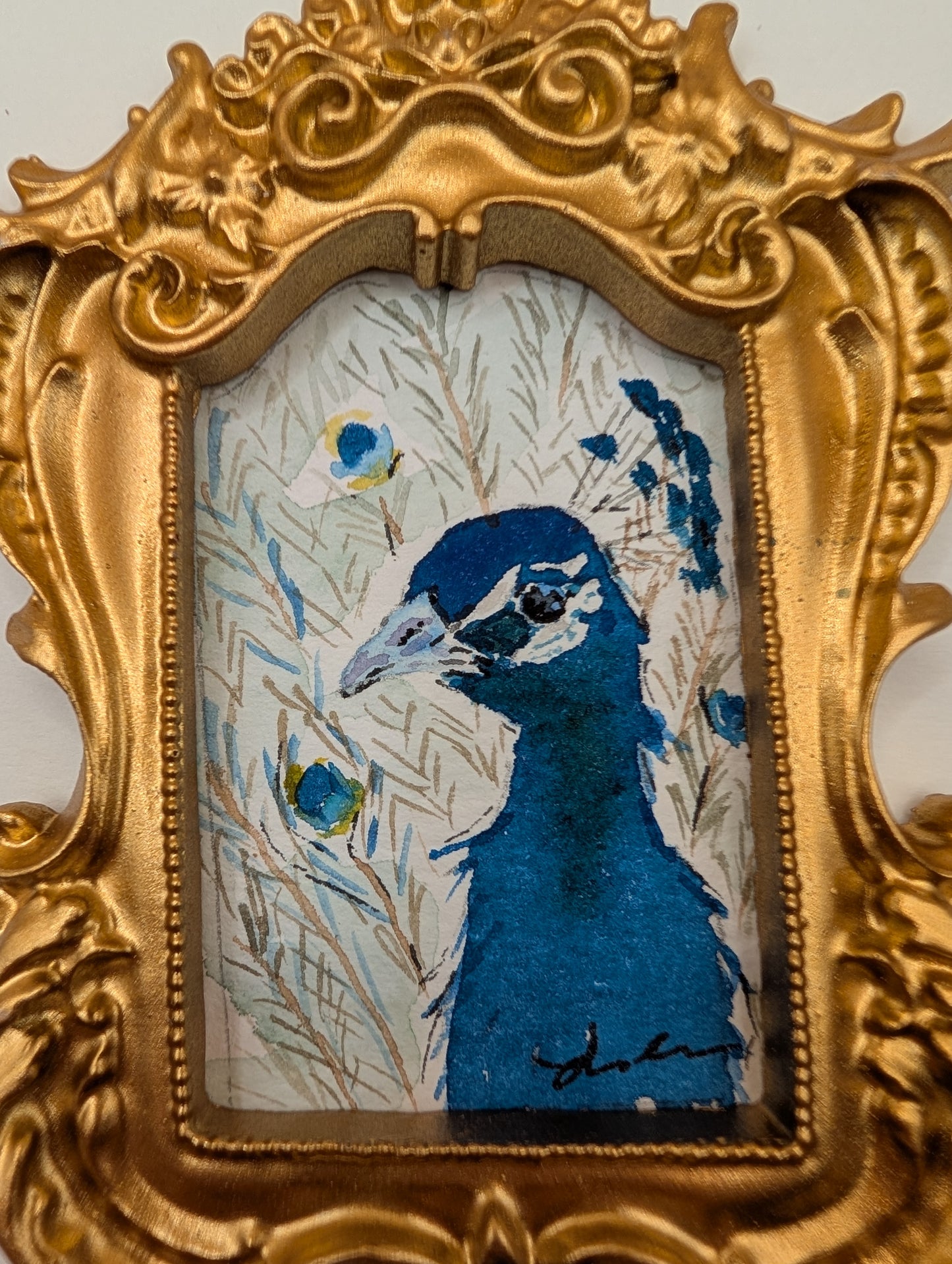 Mini Peacock Painting - Original Watercolor Art by Lora Cavallin