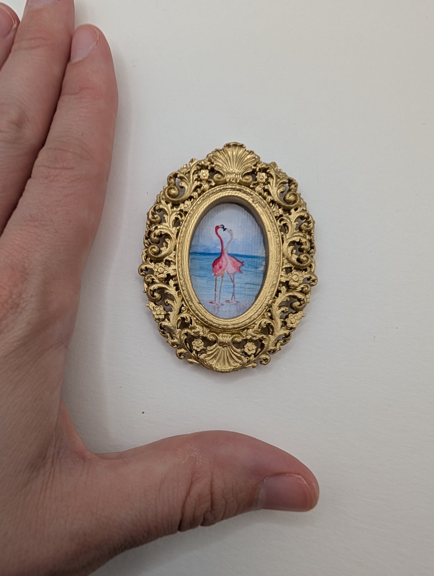 Tiny Flamingos in Love Watercolor Art Print - Dollhouse Size - With Gold Frame