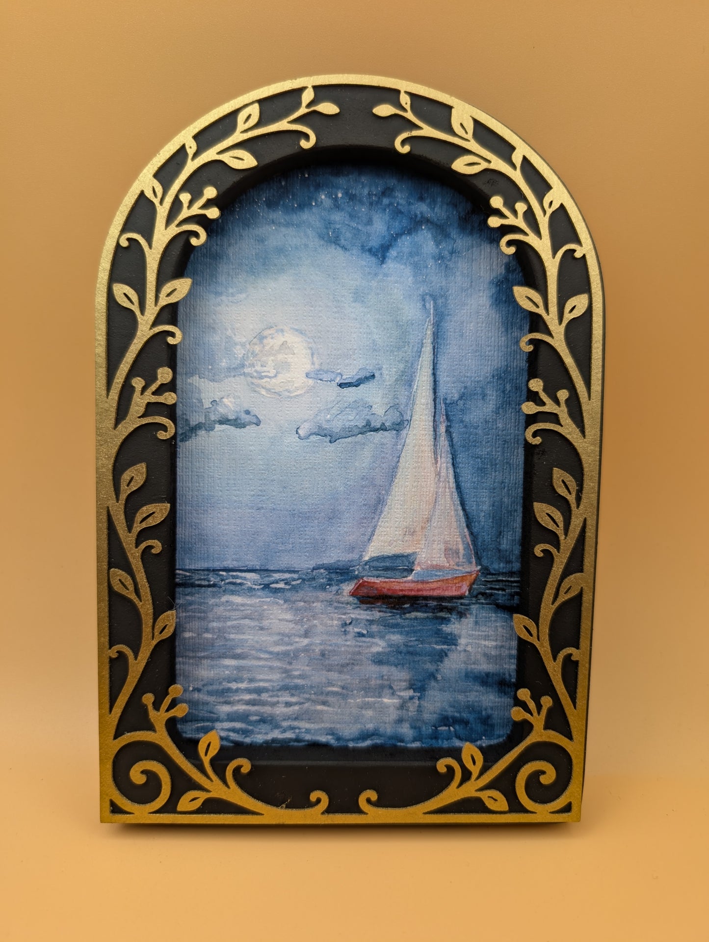 Sailboat and Full Moon Print - Arched Framed Print