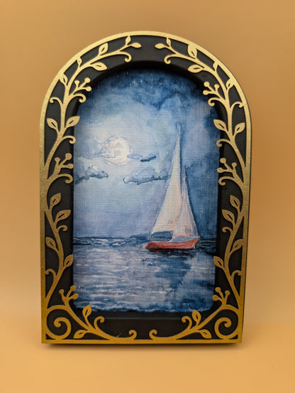 Sailboat and Full Moon Print - Arched Framed Print