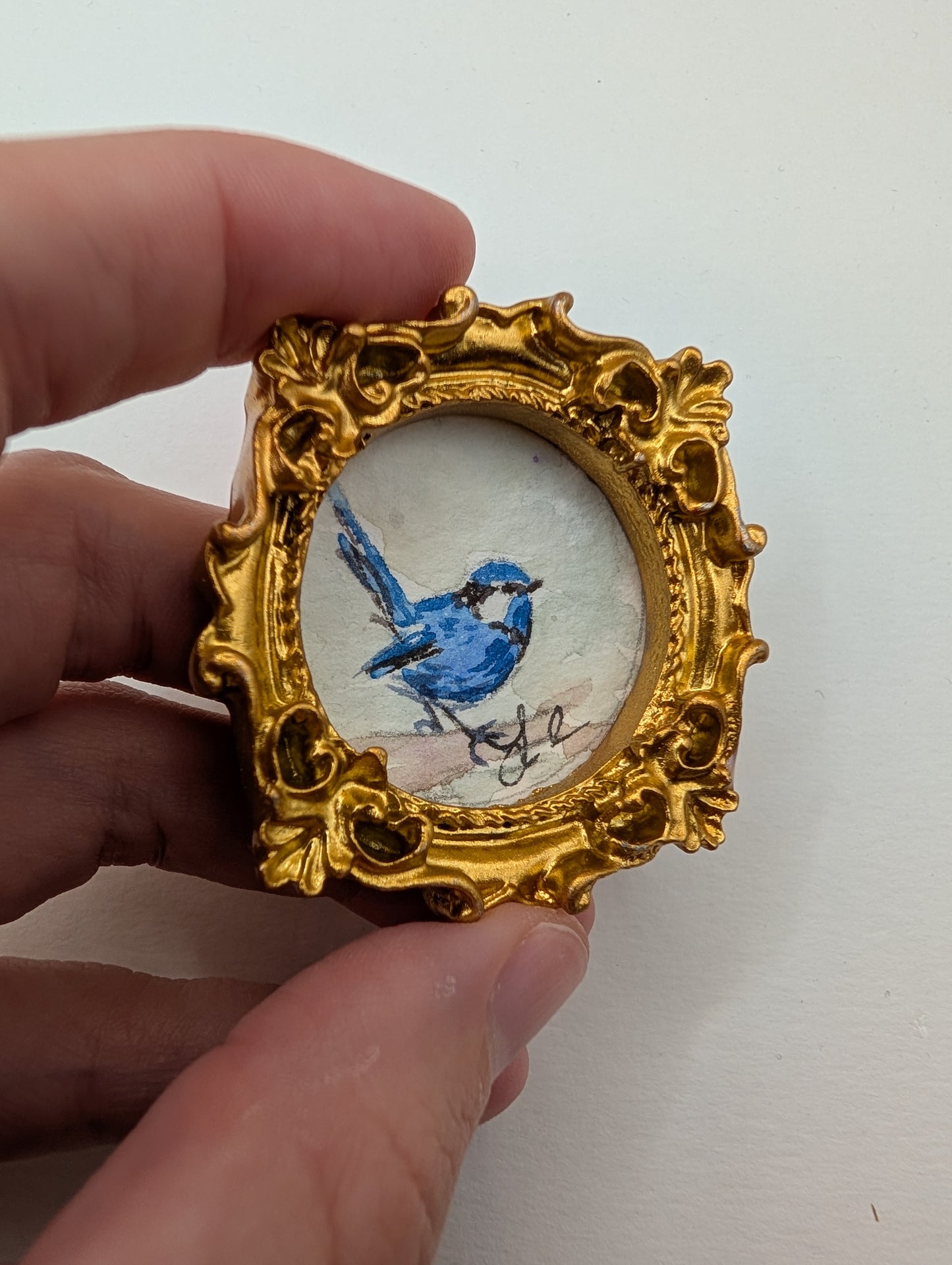 Mini Blue Fairy Wren Bird Painting - Original Watercolor Art by Lora Cavallin