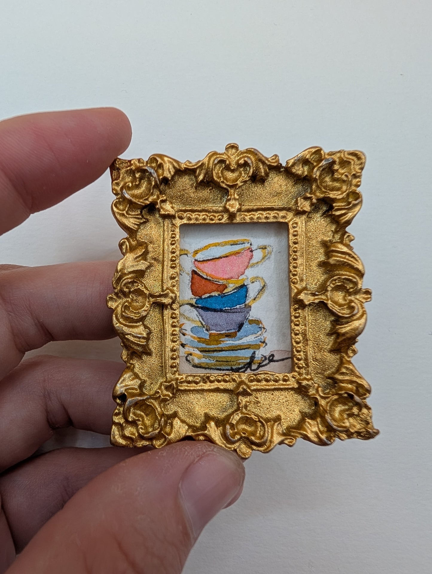 Mini Stack of Teacups Painting - Original Watercolor Art by Lora Cavallin