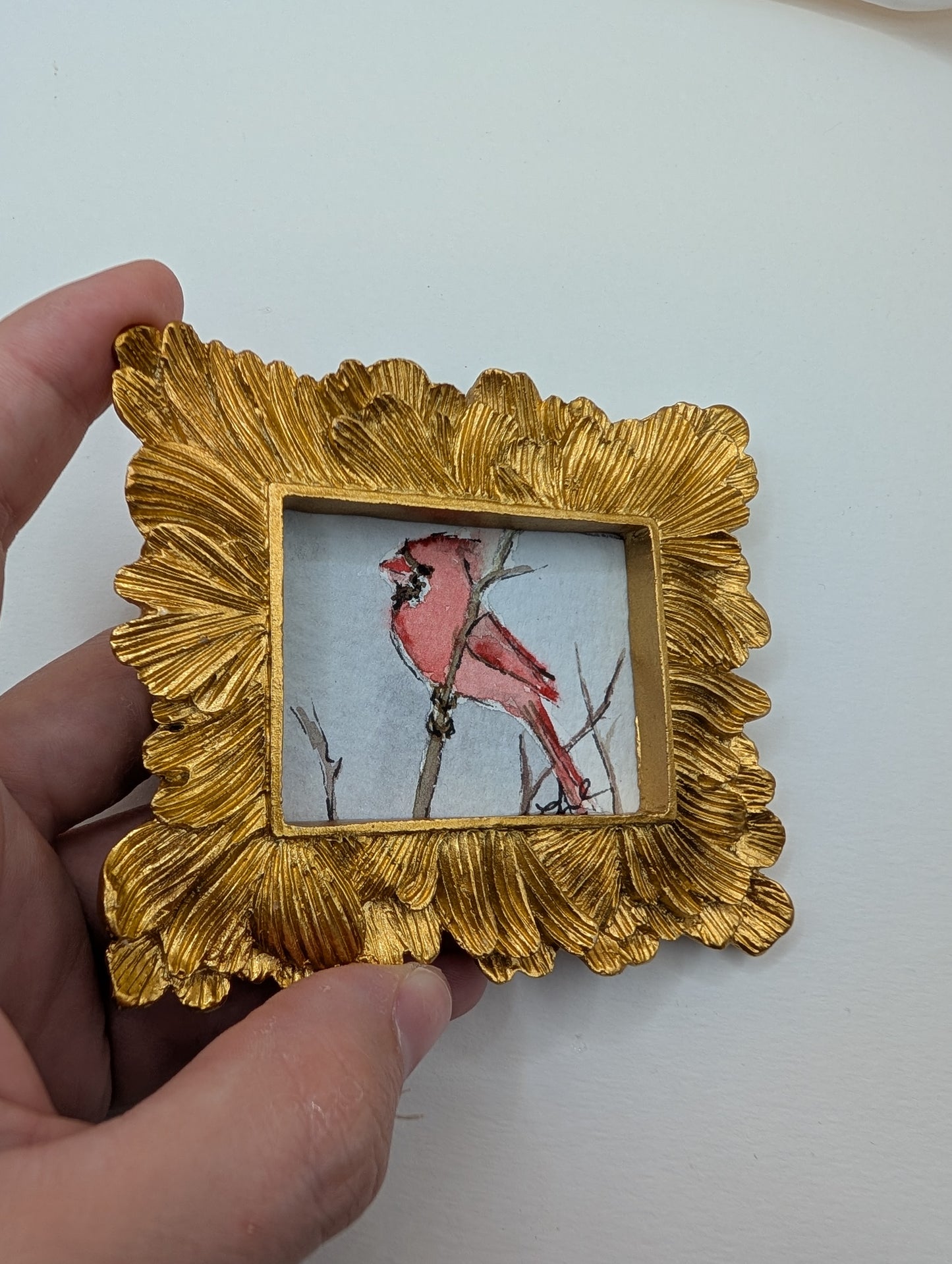 Mini Cardinal Bird Painting - Original Watercolor Art by Lora Cavallin
