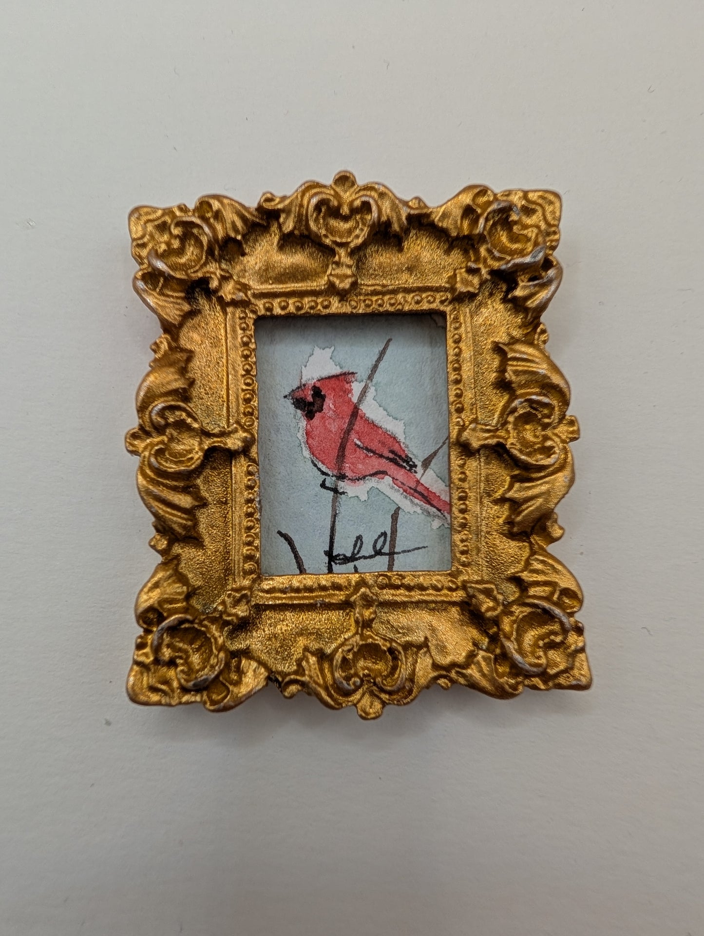 Mini Cardinal Bird Painting - Original Watercolor Art by Lora Cavallin