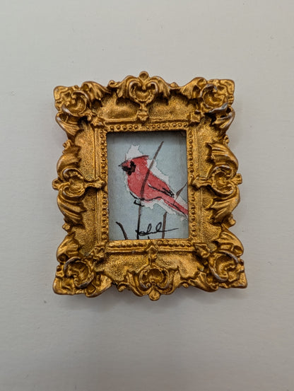 Mini Cardinal Bird Painting - Original Watercolor Art by Lora Cavallin