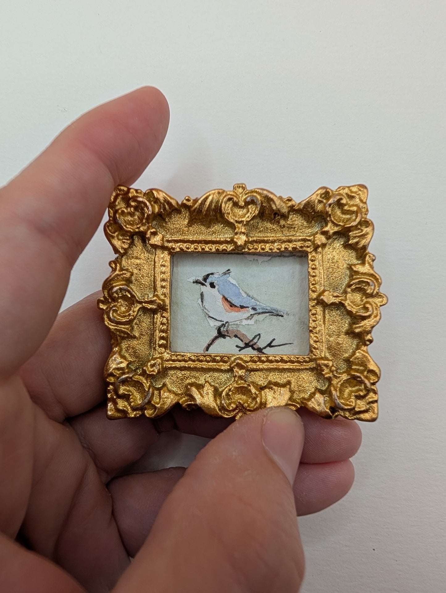 Mini Tufted Titmouse Bird Painting - Original Watercolor Art by Lora Cavallin